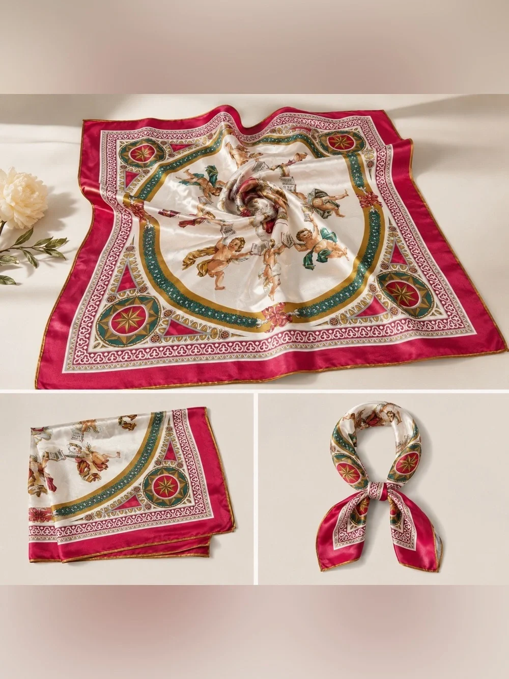 VTG ECHO 100% Silk square Scarf - cherubs / angels Red, Green, Gold Browns 30.5”